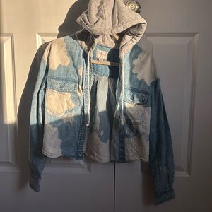 Cropped Bleach-Dyed Denim Jacket with Hoodie